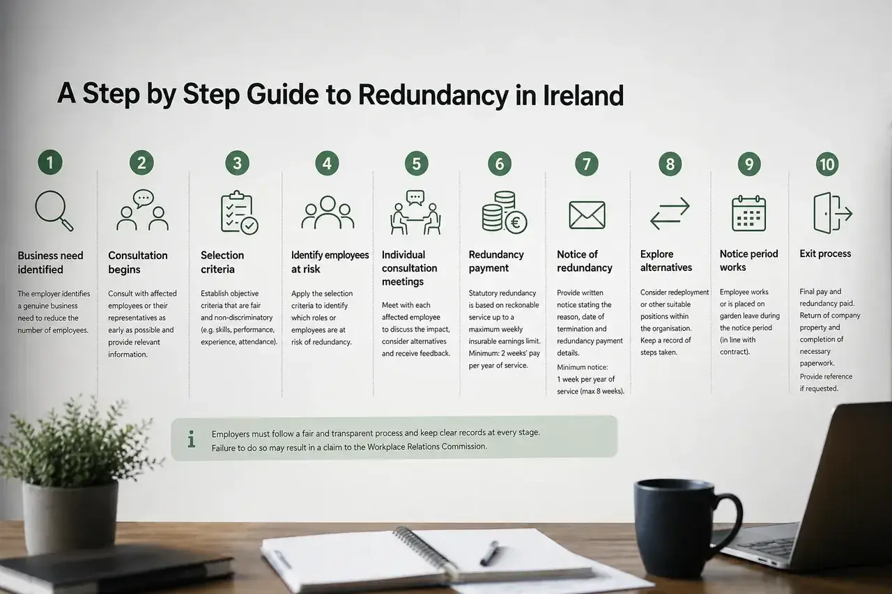 Redundancy process infographic on a wall above an office desk