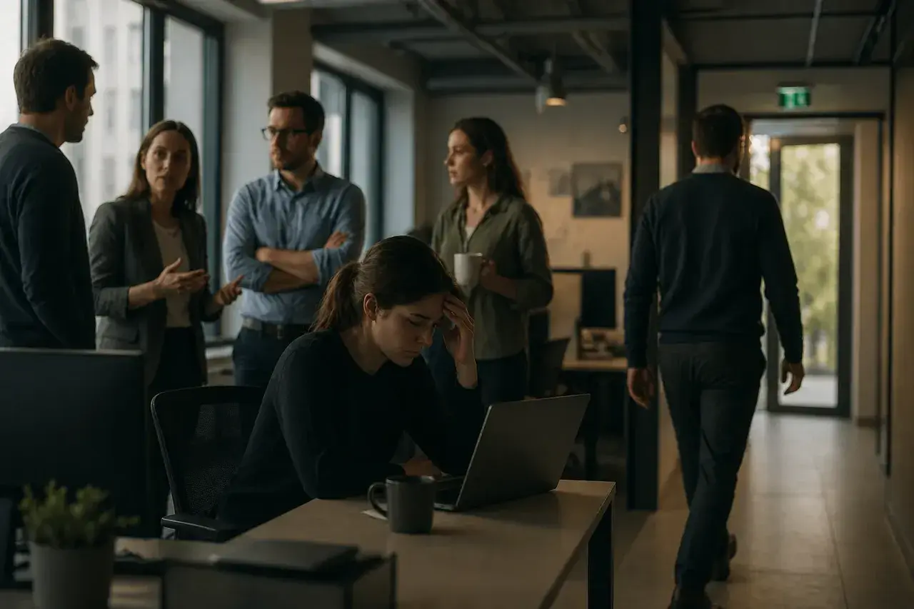 Stressed employee holding her head at a laptop while colleagues talk nearby