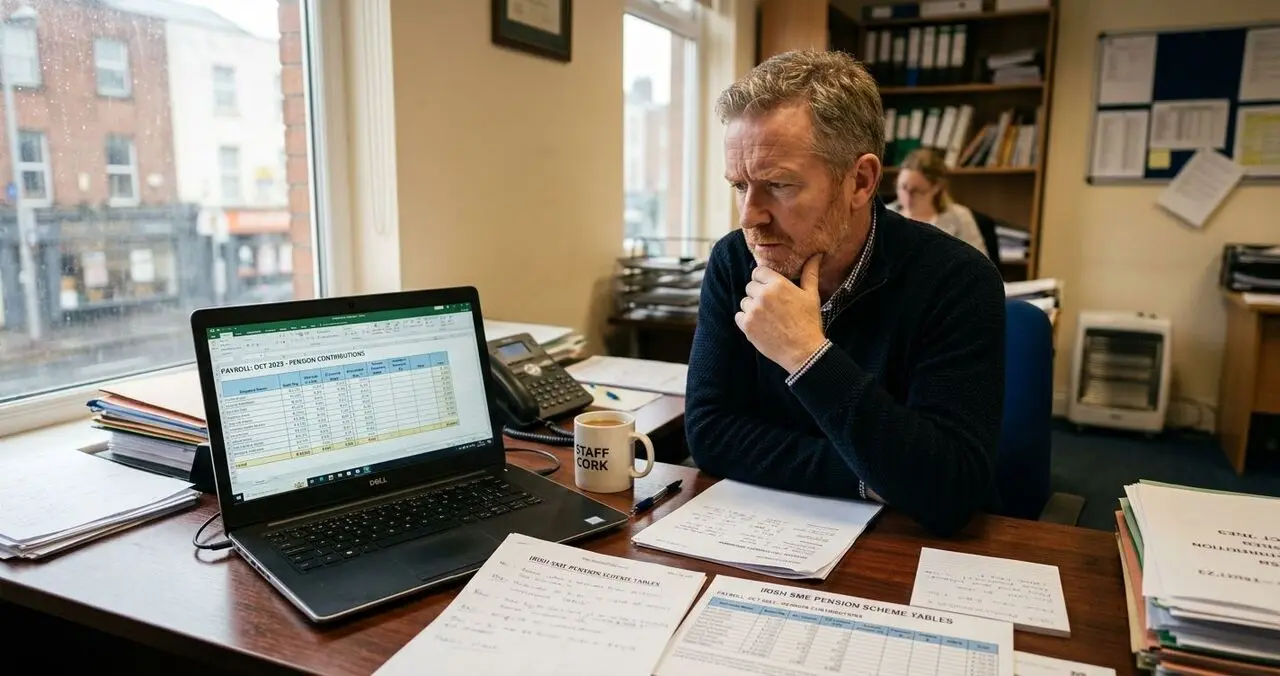 Employer at a desk reviewing pension contribution spreadsheets on a laptop