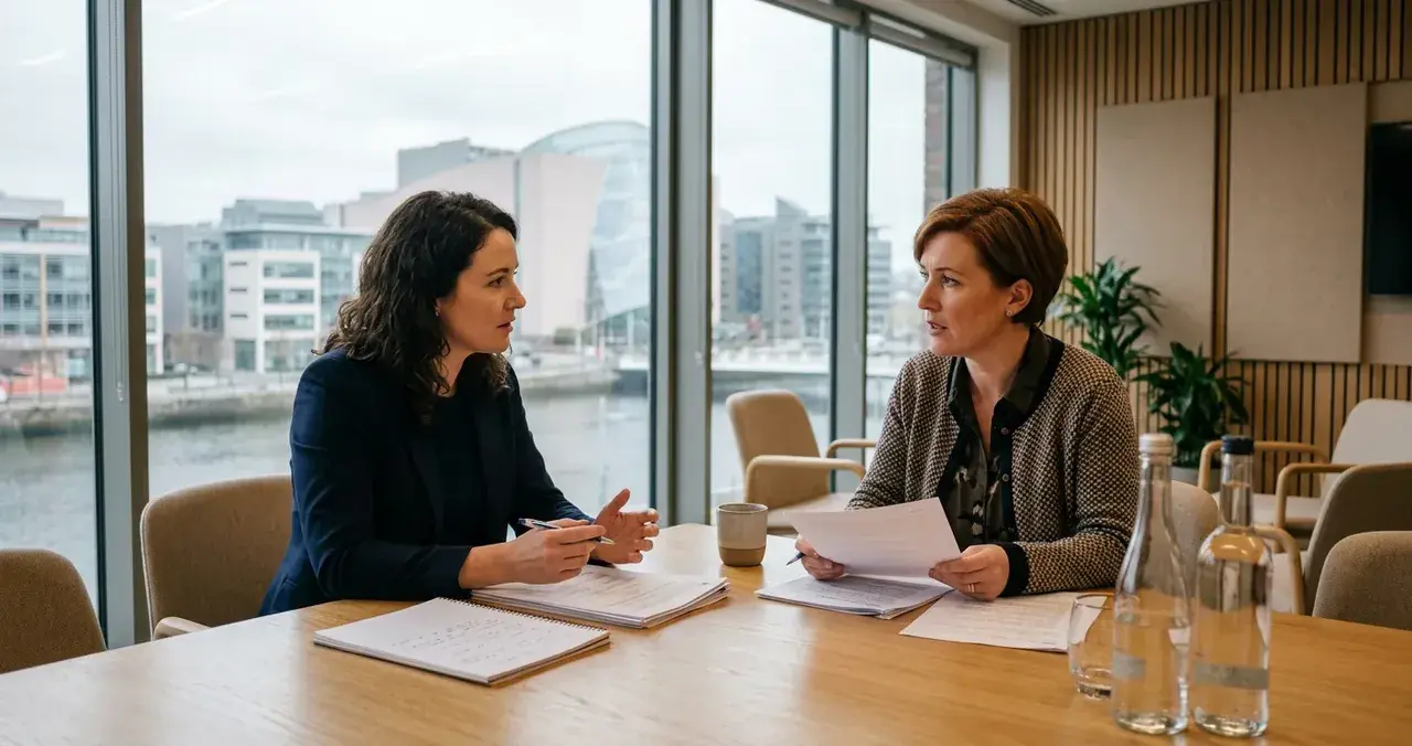 Two professionals discussing documents in a riverside meeting room