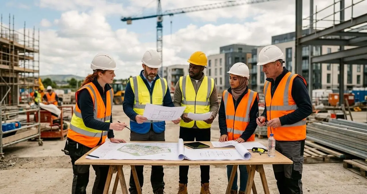Construction workers in hi-vis and hard hats reviewing plans on site