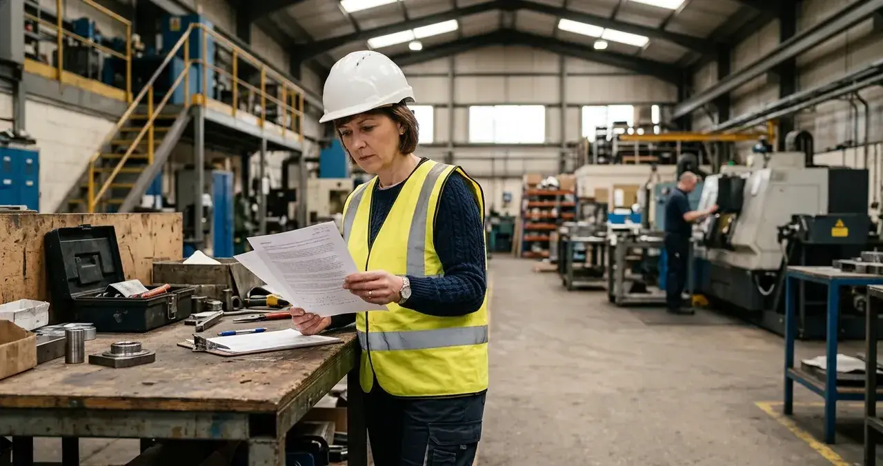 Woman in hi-vis vest and hard hat reviewing safety documents in a factory