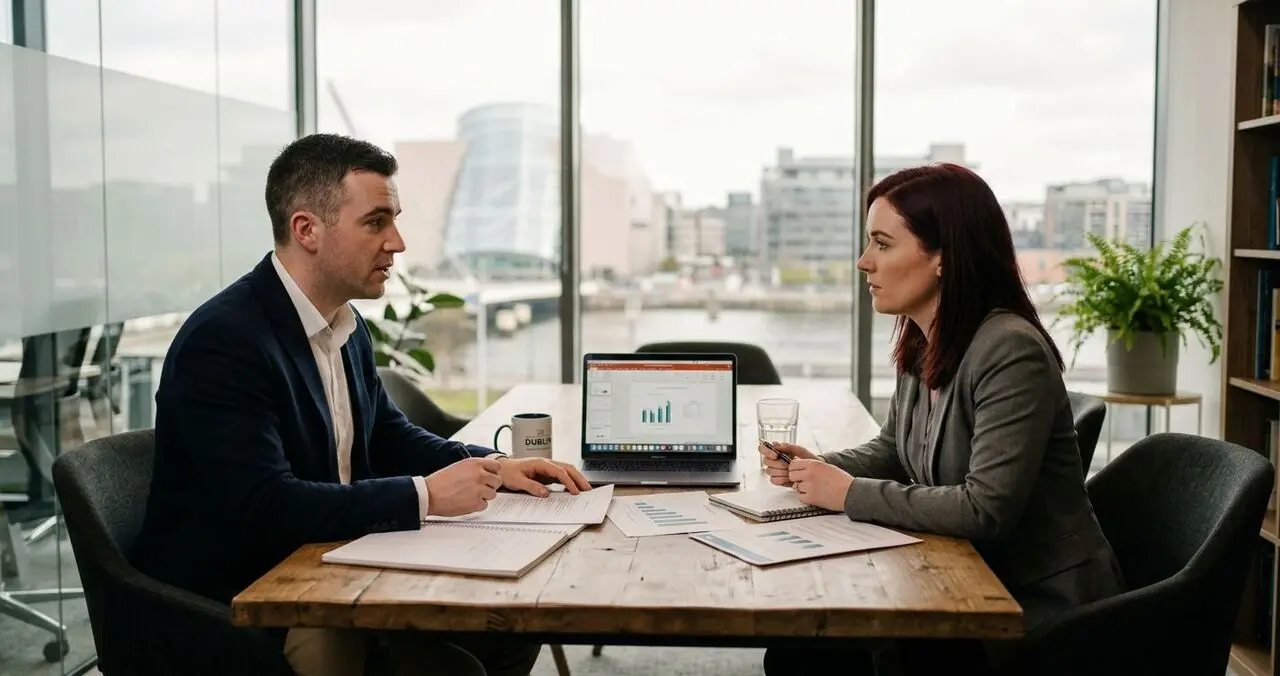 A man and woman in discussion across a meeting table by a window