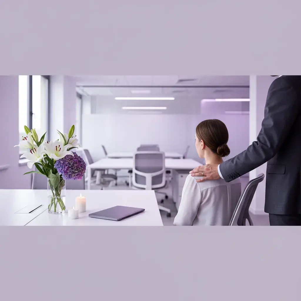 Colleague resting a hand on a seated employee's shoulder beside lilies and candles