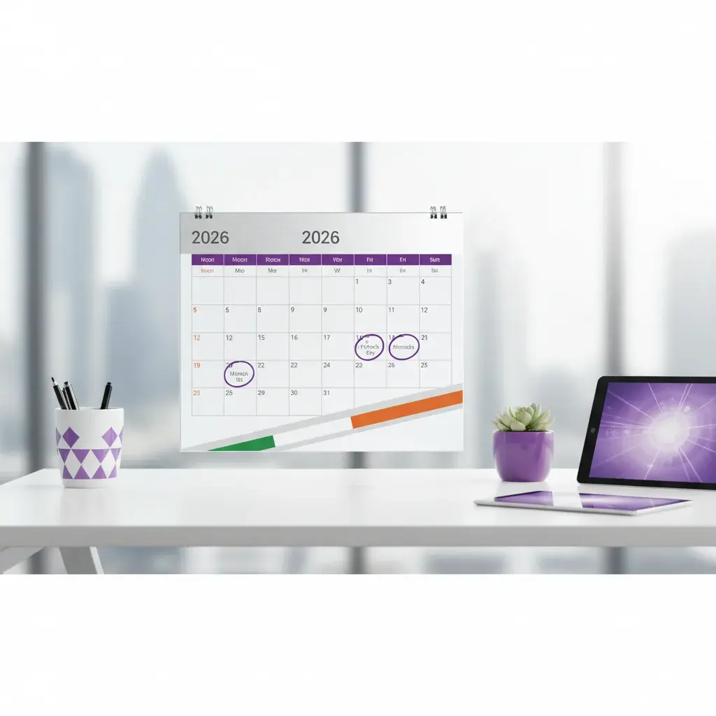 A 2026 wall calendar with circled dates above an office desk
