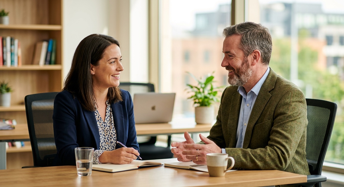 HR consultant and business owner in a professional meeting discussing HR strategy