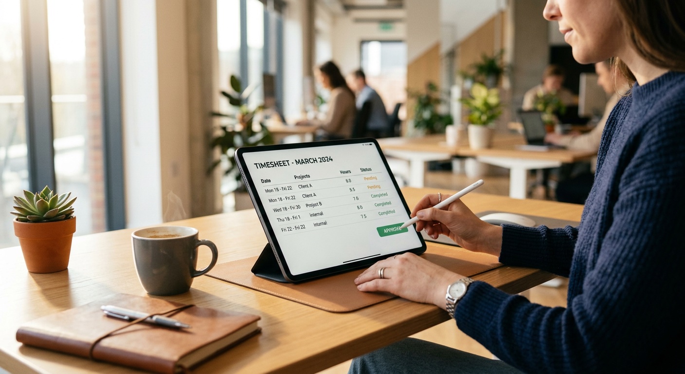Employee reviewing digital timesheet on tablet in modern office