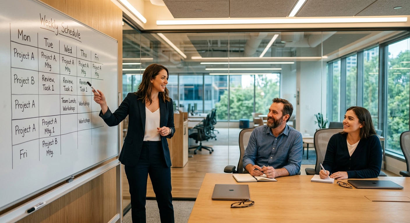 Team manager reviewing weekly staff schedule with colleagues in meeting room