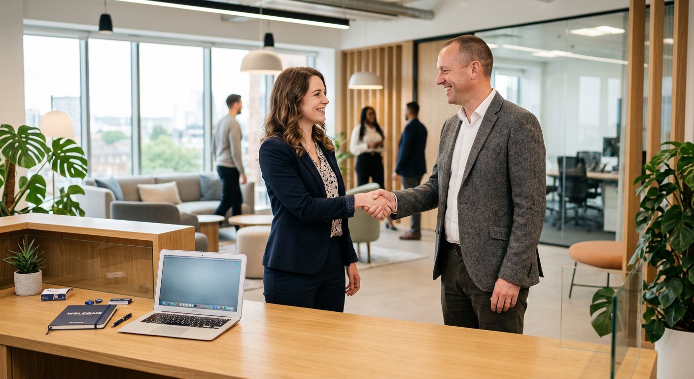 Manager welcoming new employee with handshake during onboarding in modern office