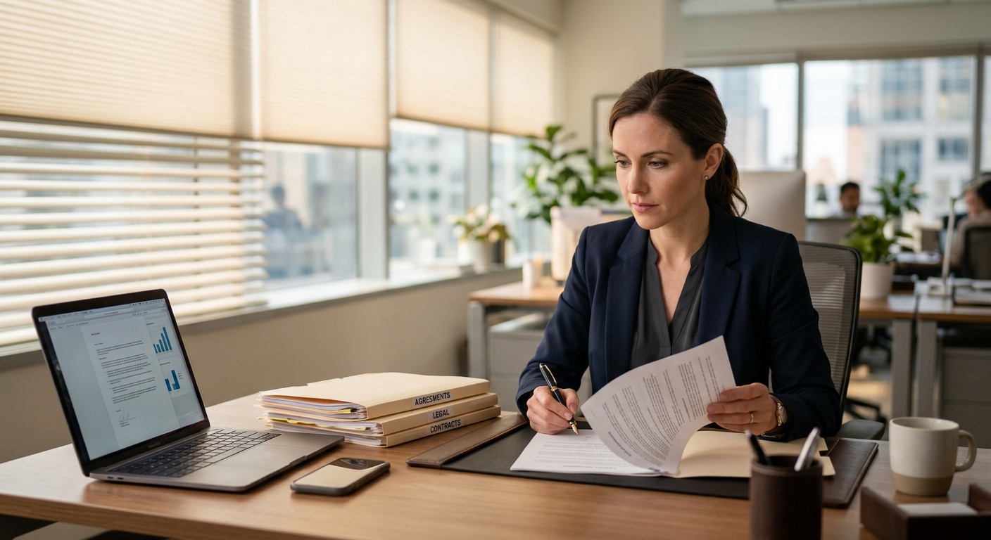 HR professional reviewing employment law compliance documents at desk