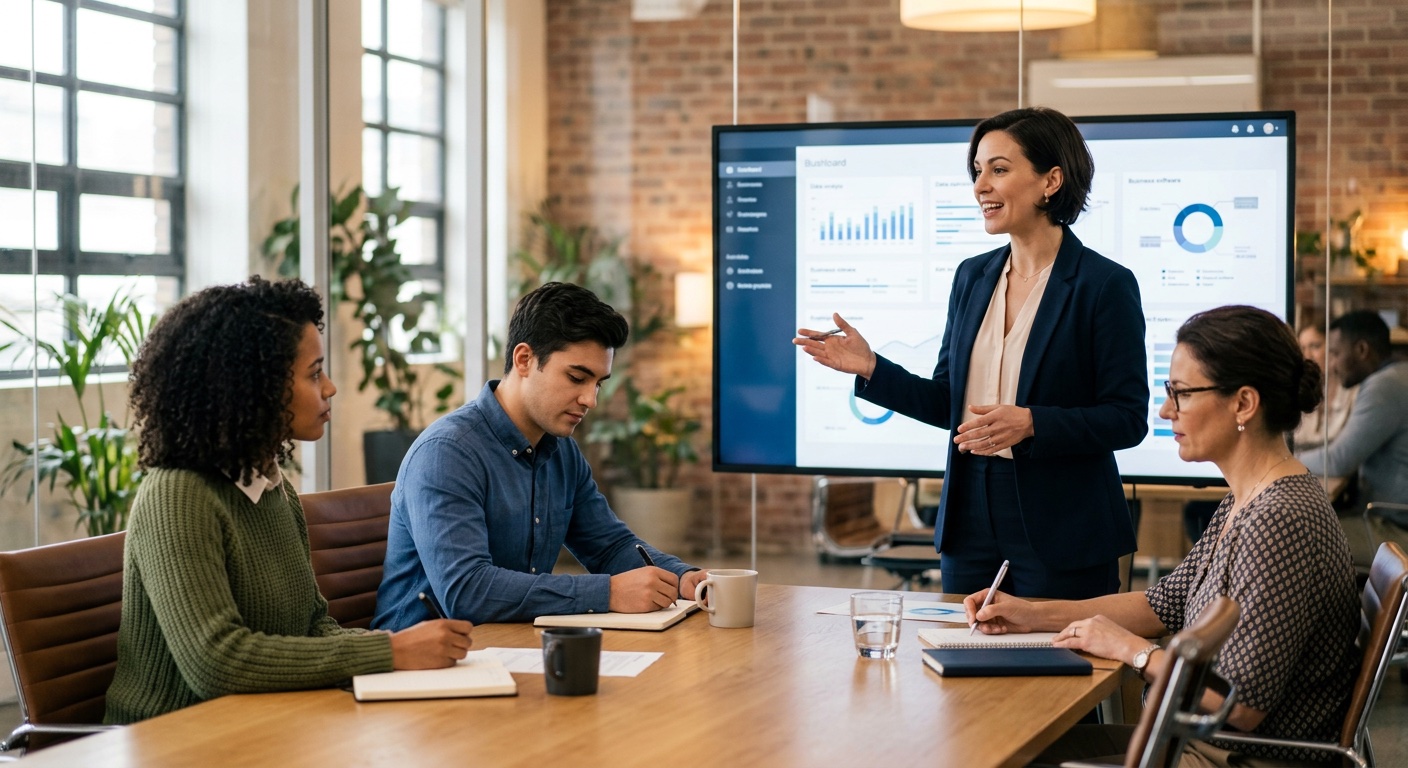 HR consultant leading software training session with team around conference table