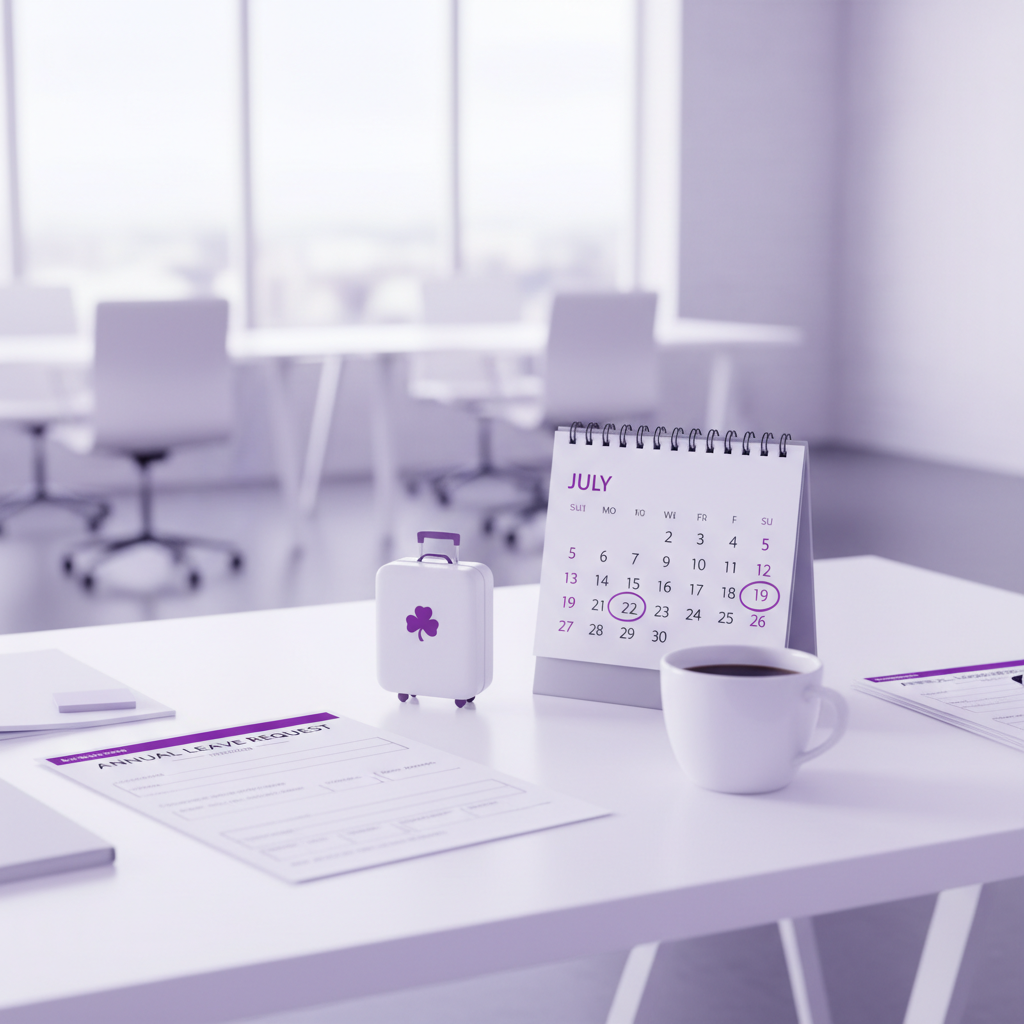 Annual leave Ireland office desk with holiday request form calendar and suitcase