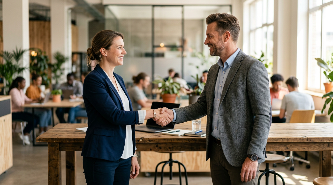 Business partners shaking hands on referral agreement