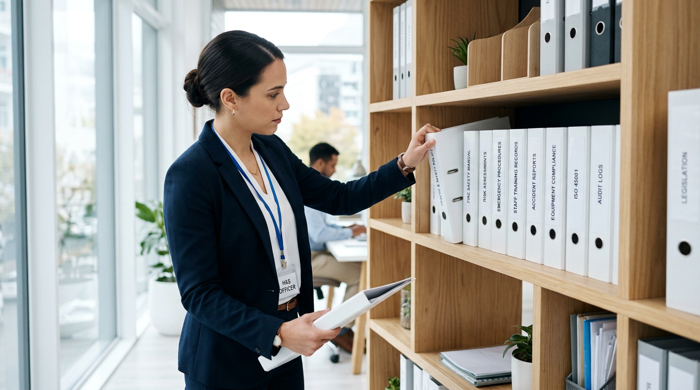 Safety compliance officer organizing health and safety policy binders