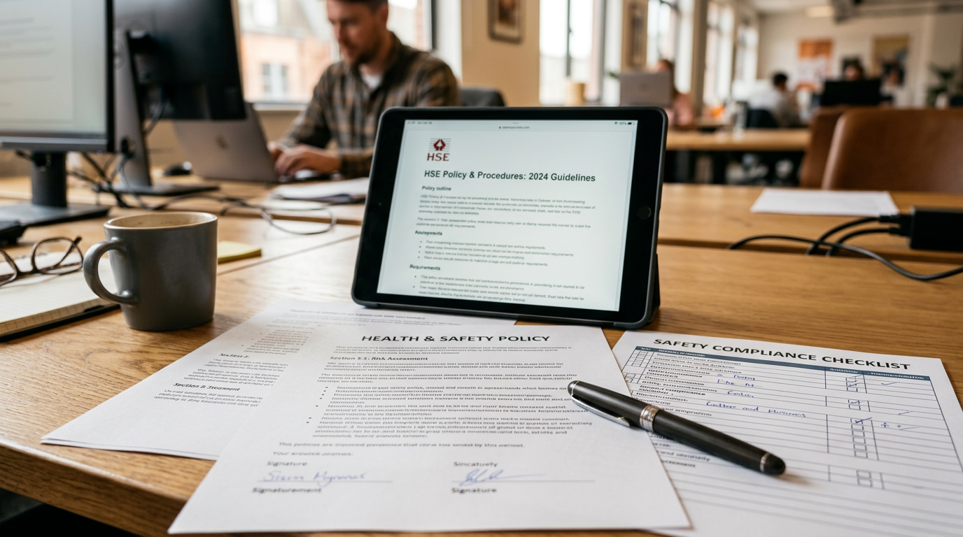 Health and safety policy documents and digital compliance checklist on desk