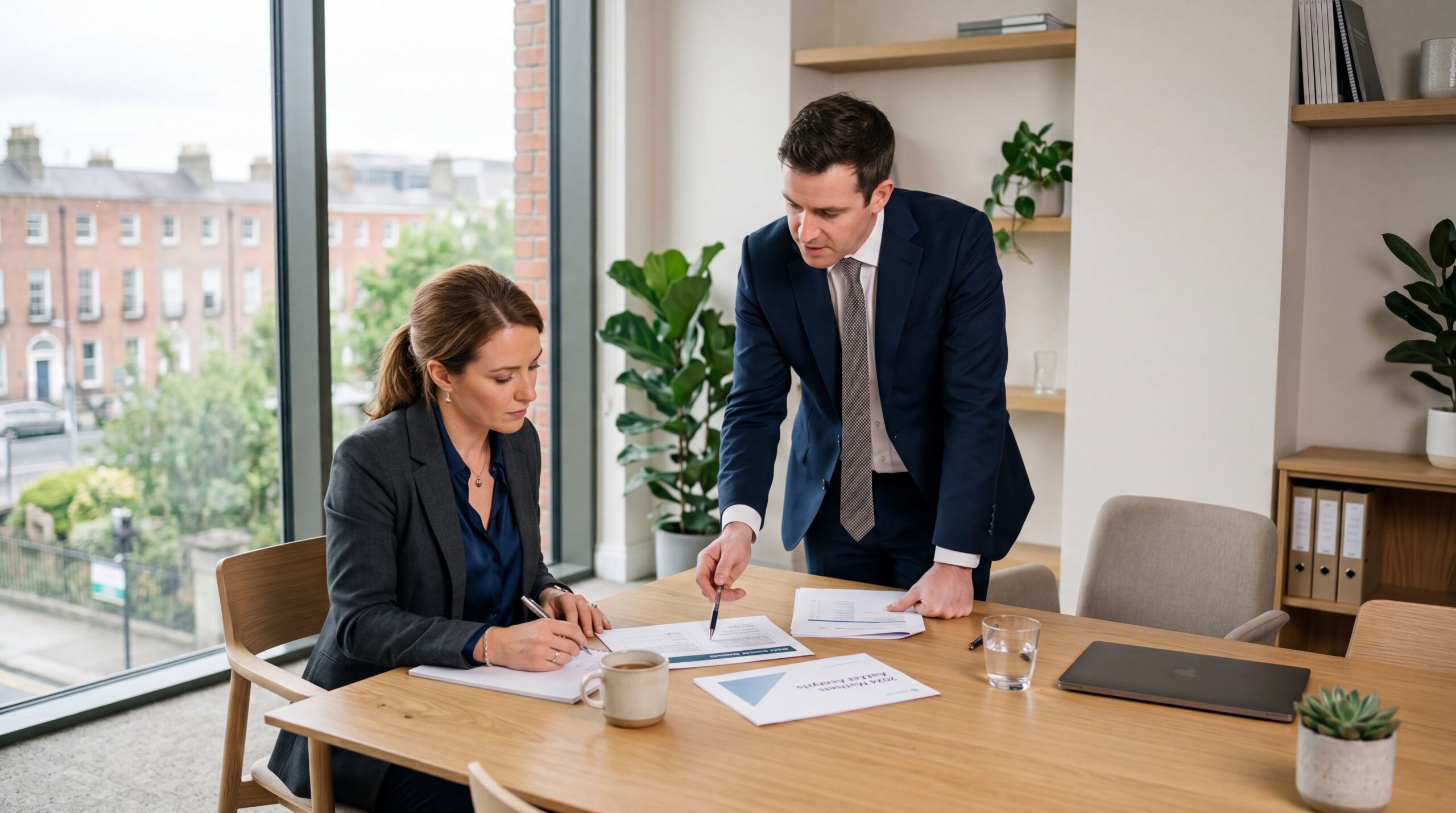 Business professionals reviewing pay documentation in a modern Irish office